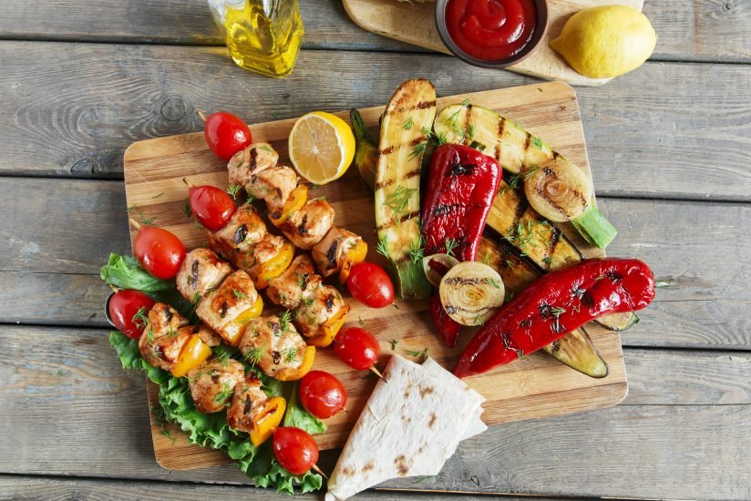 chicken kebab skewer with grilled vegetables barbecue